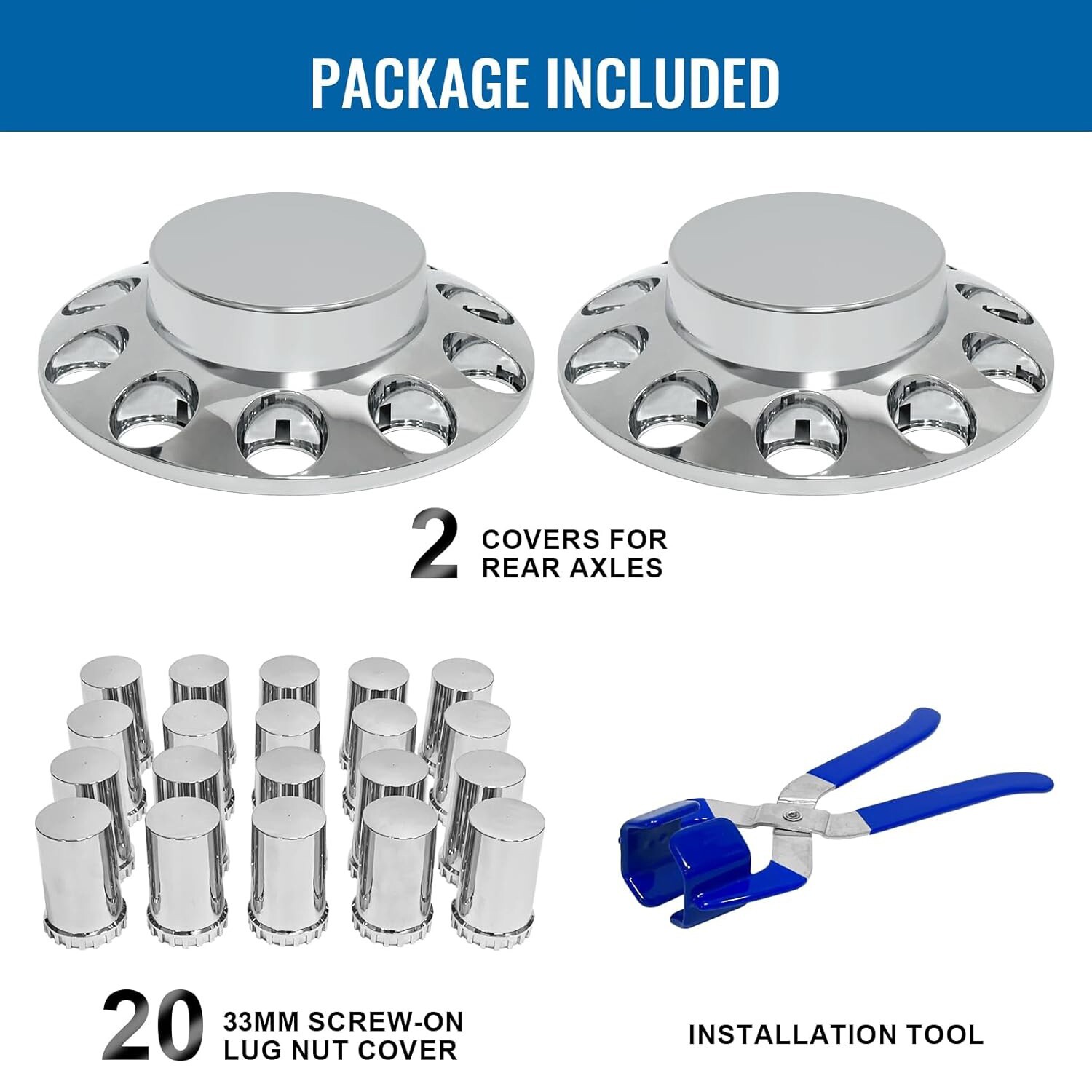 2 Front Flat Top Axle Covers w/ 33mm Thread on Lug Nut Cover for Semi Trucks