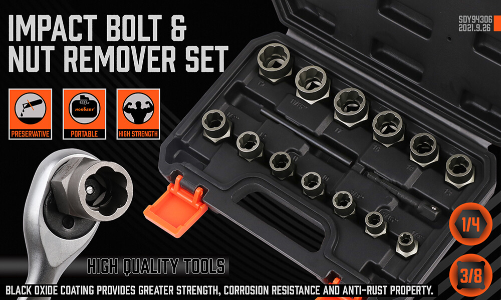 15PC Impact Bolt & Nut Remover Set Extractor Damaged Rusted Adapter Storage Case