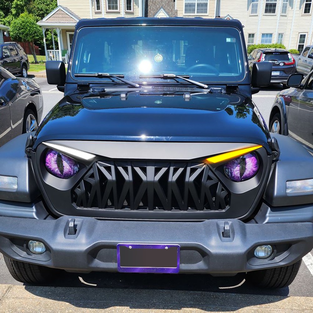 Matte Black Front Shark Grille w/Eyebrow DRL for 18-23 Jeep Wrangler JL JT