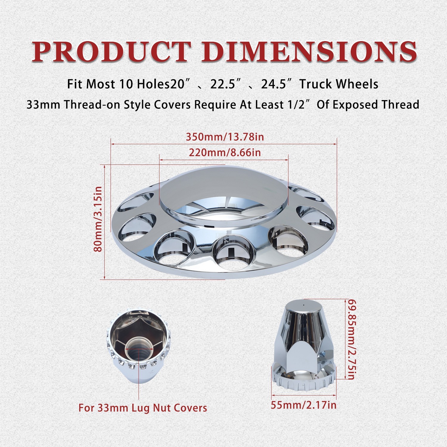 Chrome Front Axle Covers Dome Thread-on 33mm Wheel Lug Nut Caps for Semi Trucks