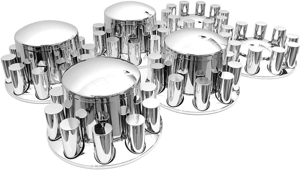 Chrome 33mm Semi Truck Front & Rear Wheel Axle Cover Lugs w/ Cylinder Hub Caps