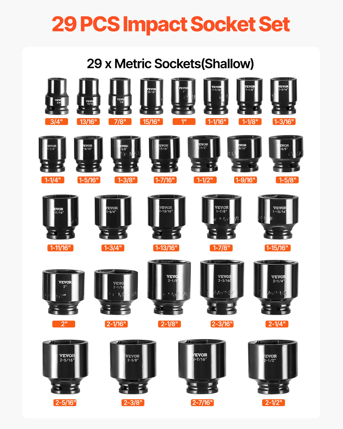 Impact Socket Set 29 PCs 3/4″ Drive 6 Point SAE Master 3/4 inch – 2-1/2 inch