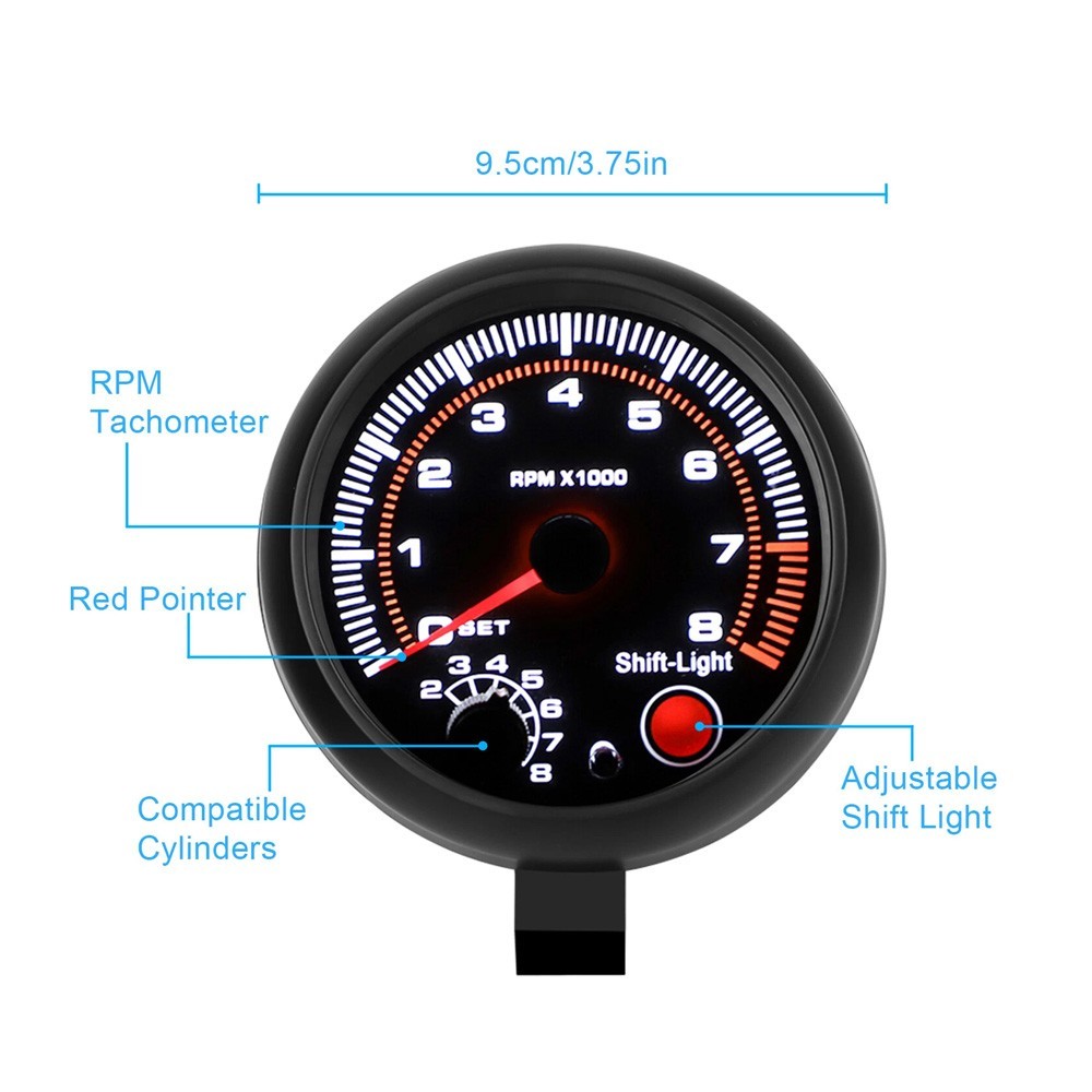 3.75″ 12V Car Tachometer Gauge Meter 0-8000 RPM With LED Shift Light Universal