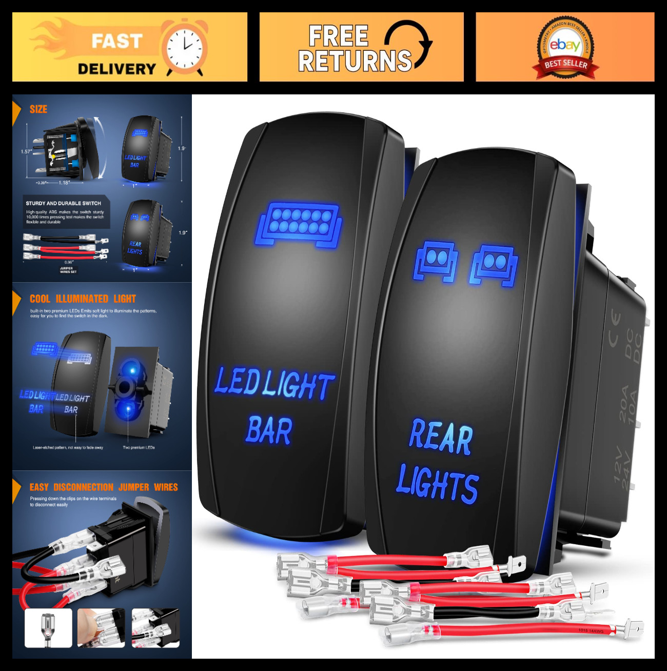 2 Pack LED Rocker Switches for Light Bar – 5 Pin On/Off SPST 20A/12V, 10A/24V, B