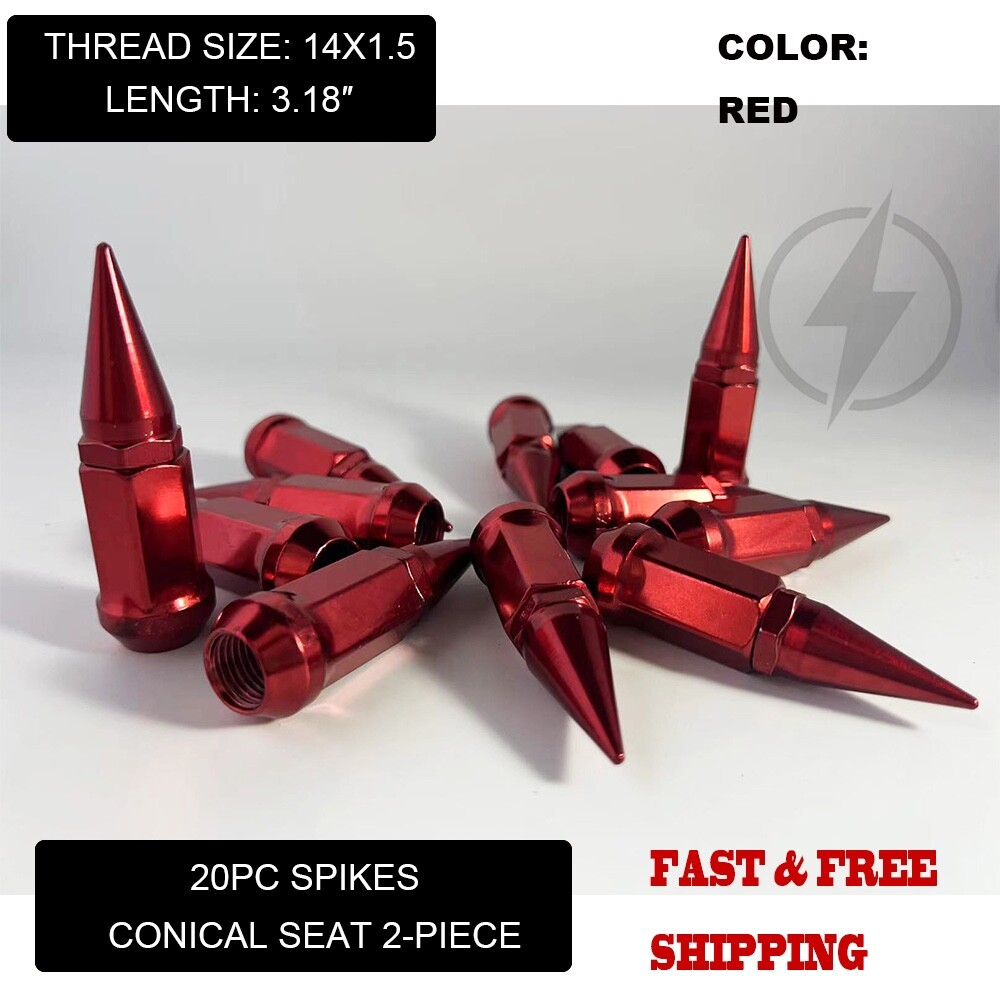20PC RED 3.18” 2PC SPIKE LUG NUT 14X1.5 FOR 2008&UP DODGE CHARGER CHALLENGER