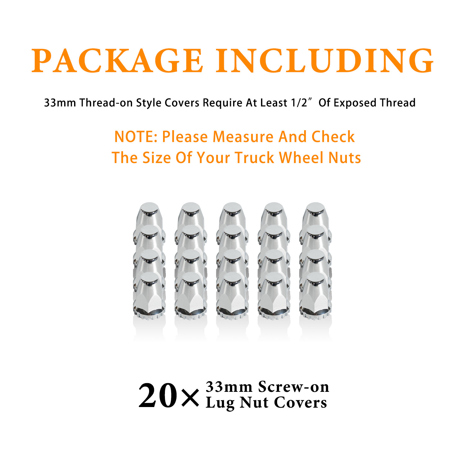 33mm Chrome ABS Plastic Screw-on Standard Lug Nut Covers (Pack of 20)