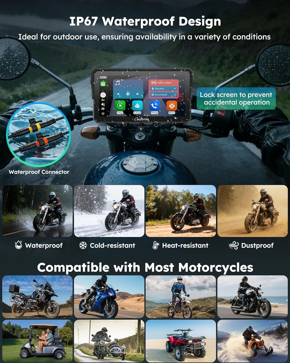 Carpuride 6.25″ Motorcycle CarPlay Android Auto TPMS GPS – NIB