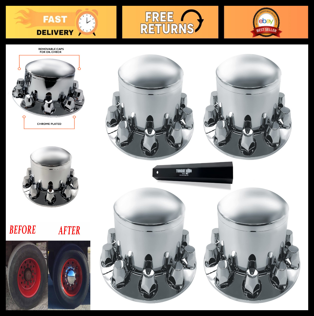 4 Pack 33mm Chrome-Plated Rear Axle Wheel Covers for Semi Truck | Universal Fit