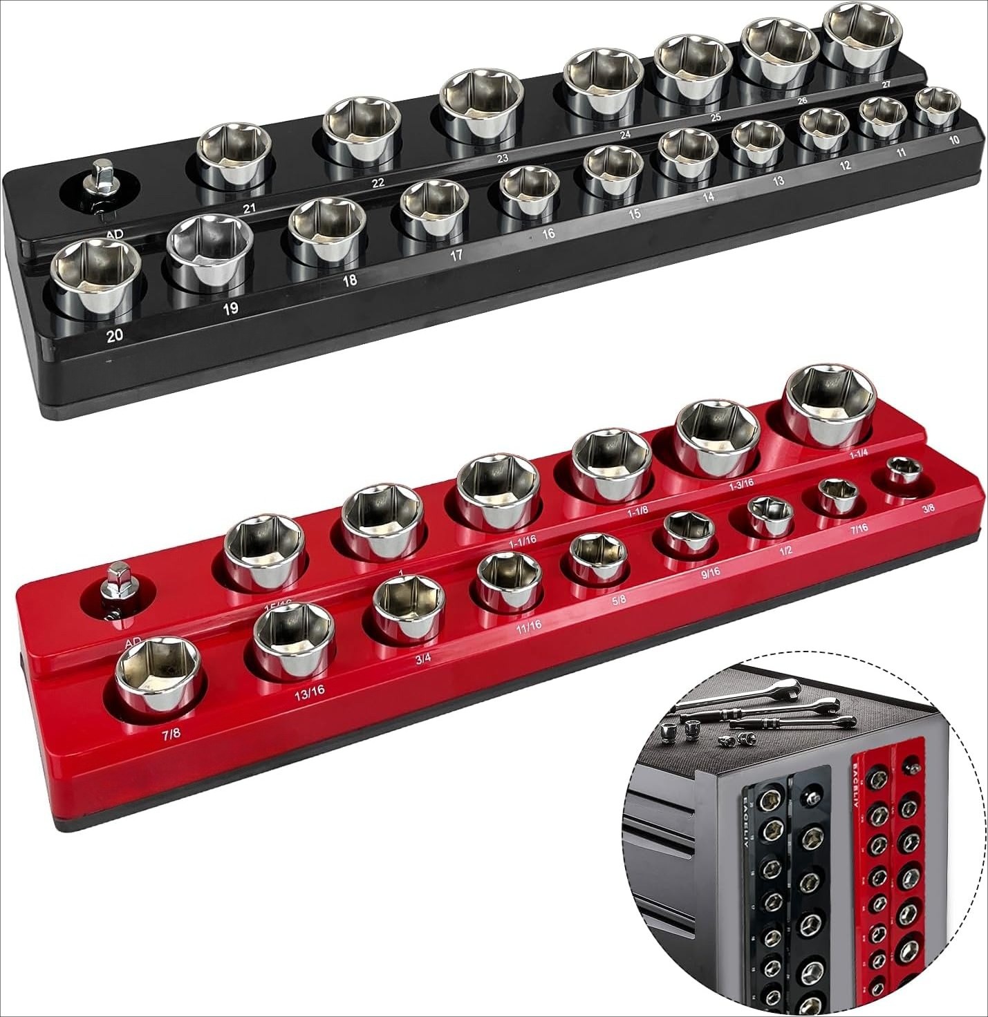 1/2″ Magnetic Socket Organizer Set, 2-Piece SAE & Metric Socket Holder Kit