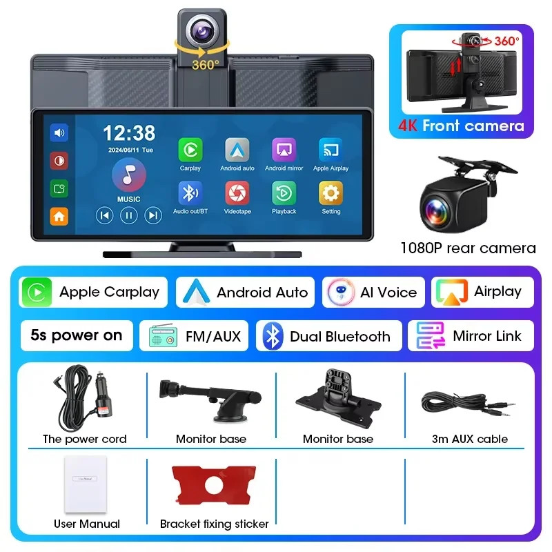 10.26″ 4K Dashcam 360° Rotating Lens Car DVR Wireless Carplay Android Auto GPS