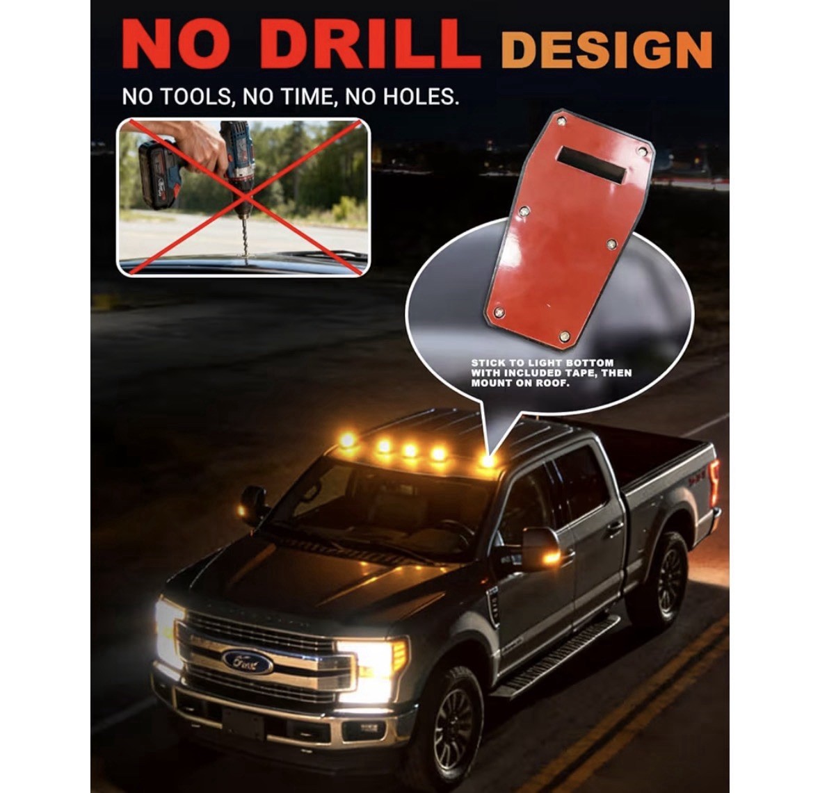 Solar Cab Lights Trucks, Wireless No Drill Roof LED Marker Vibration Sensor IP67