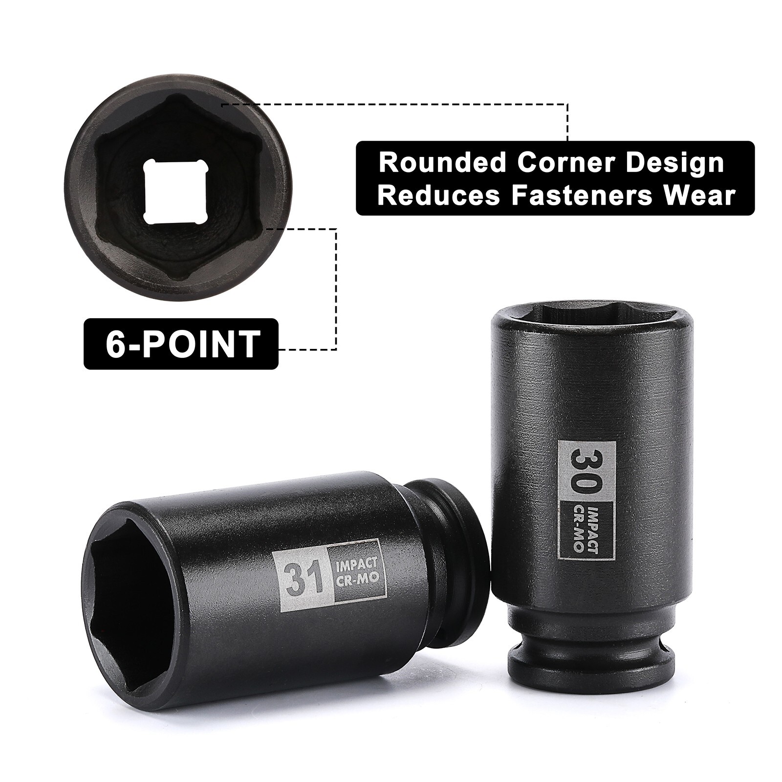 9PCS 1/2″Dr. Deep Spindle Axle Nut Impact Socket Set, CR-MO, Metric Large Socket