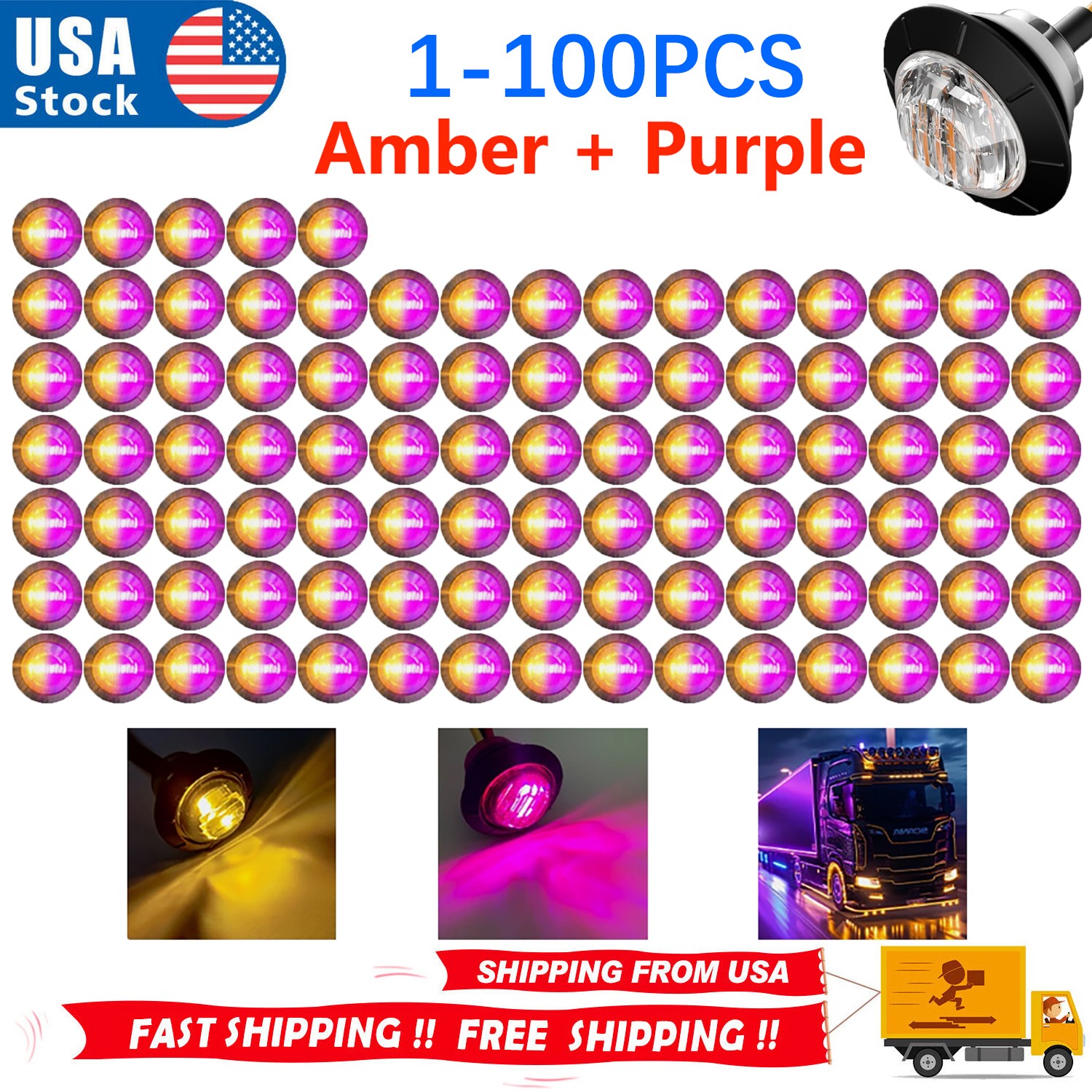 Lot Round LED Marker Lights 12V Truck Trailer 3/4″Amber Purple Side Bullet Light