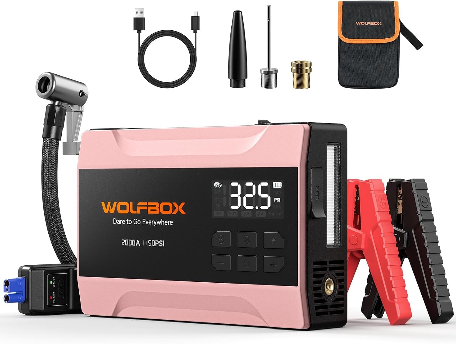 WOLFBOX 2000A Jump Starter With Air Compressor 150PSI 12V Car Booster Rose Gold