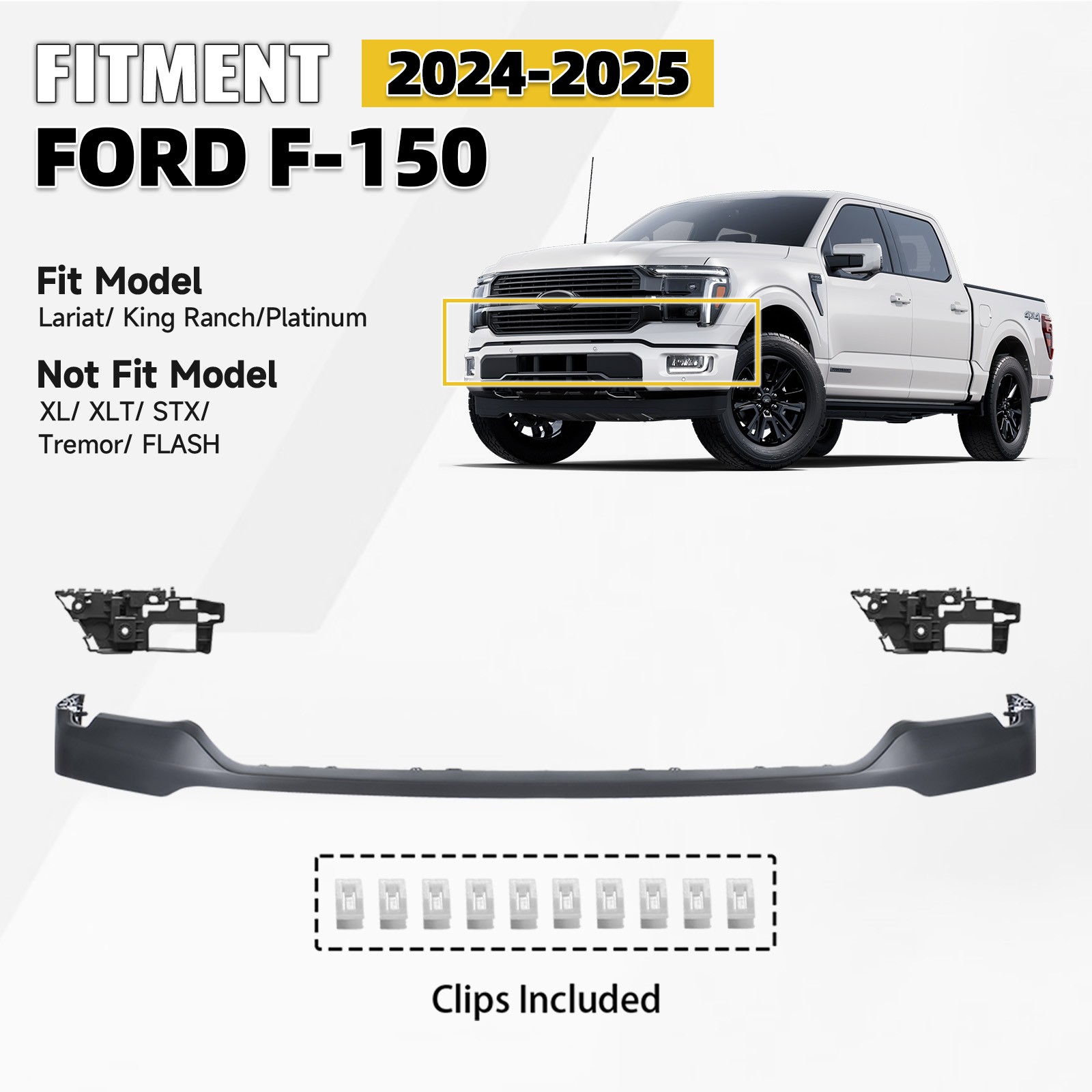 Front Upper Bumper Valance Trim With Bracket For 2024-2025 Ford F-150 Primed