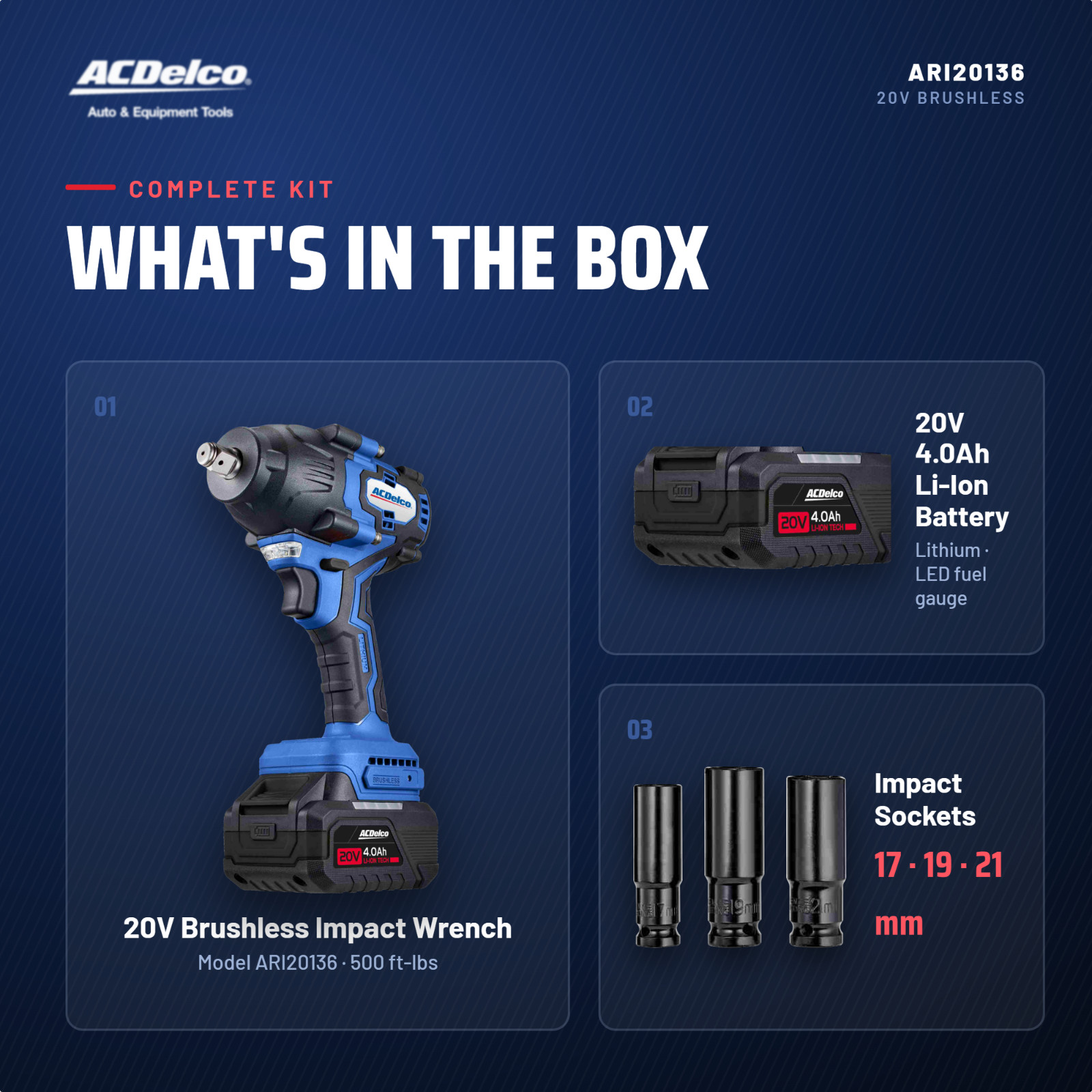 ACDelco ARI20136-P2 20V Brushless Impact Wrench 500ft-lbs 1/2″ 2 Batteries
