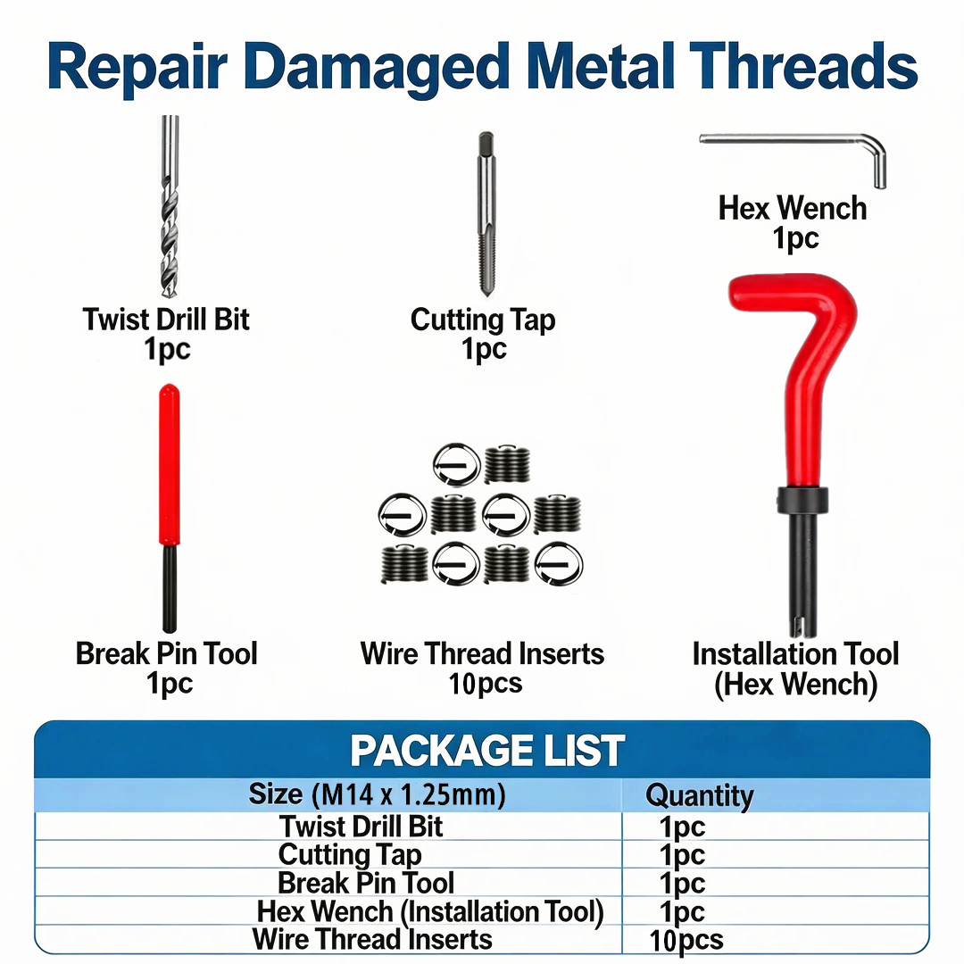 M14 x 1.25 Thread Repair Tool Stainless Helicoil Wire Insert Kit 15PC