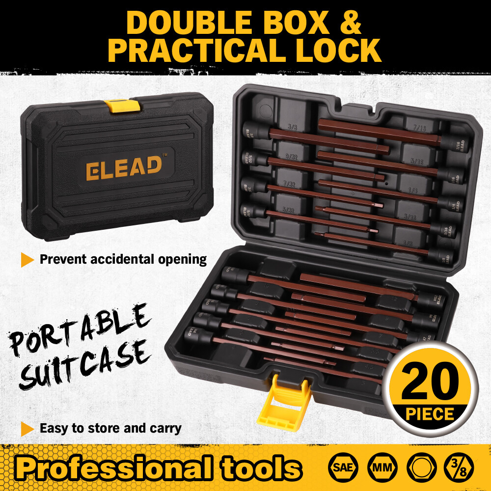 20Pcs 3/8inch Drive Long Hex Bit Socket Set SAE & Metric Allen Socket S2 Steel