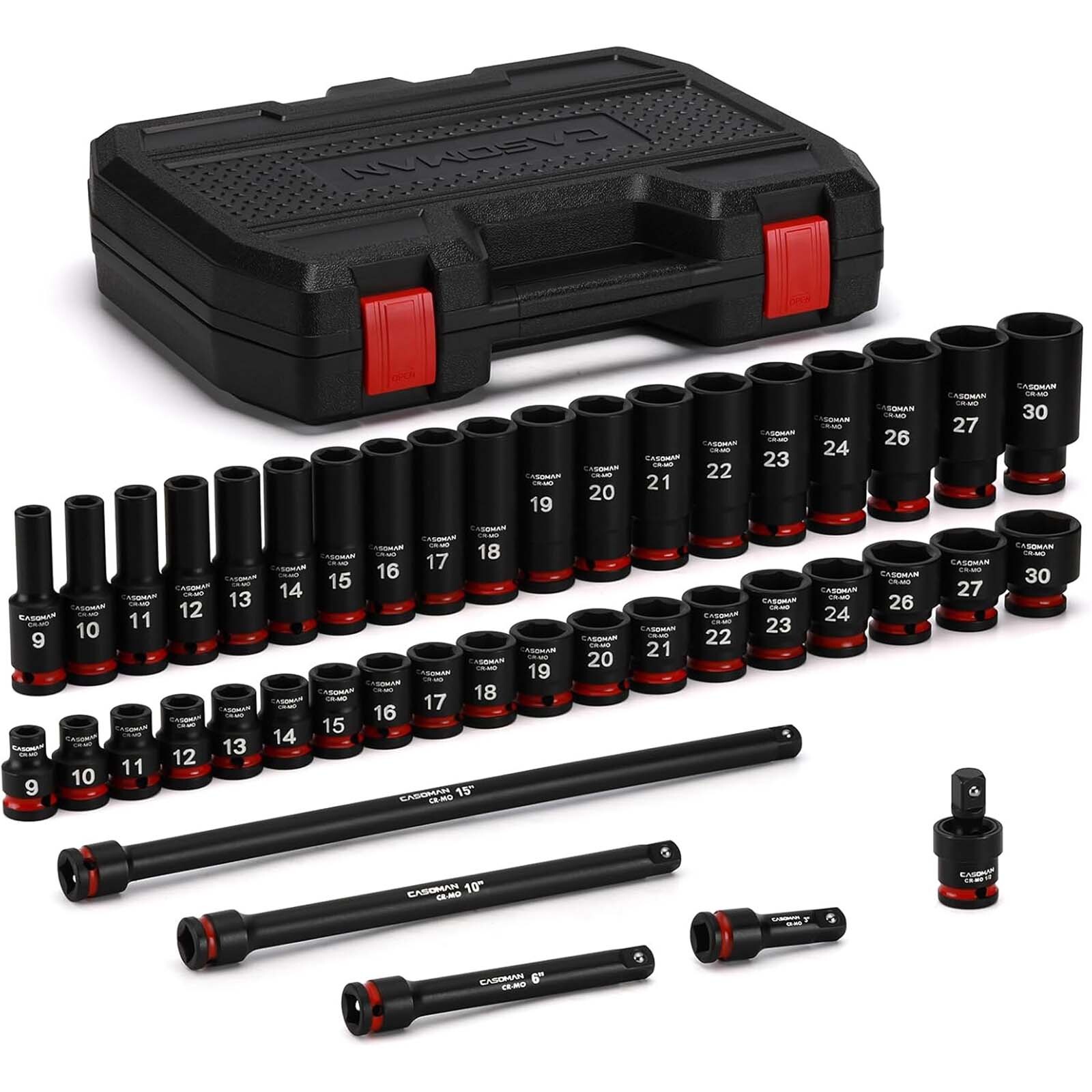 43 PCS 1/2″ Drive Master Impact Socket Set Deep 6-Point Metric 9mm – 30mm CR-MO