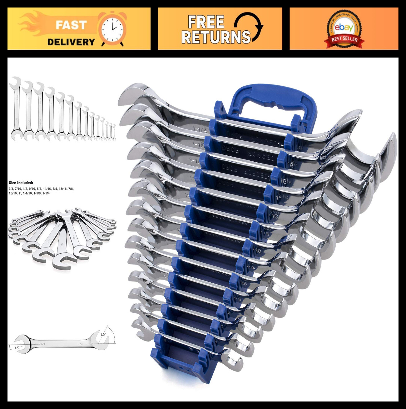 14-Piece Angle Head Open End Wrench Set, Chrome Vanadium Steel, Inch Sizes & Rac