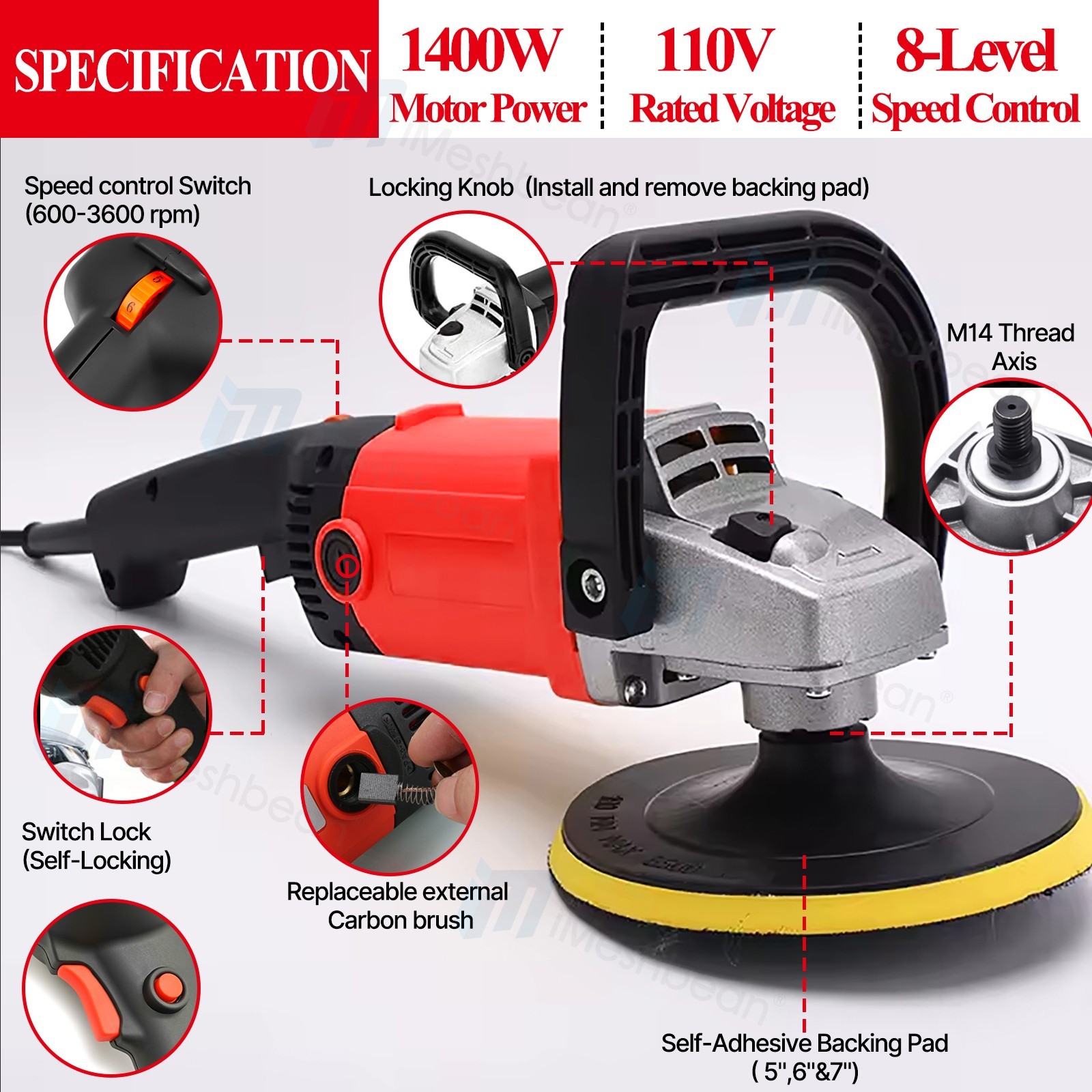 Electric Rotary Car Polisher Buffer Sander 1400W Polishing Machine 5″ 7″ Pad Mop