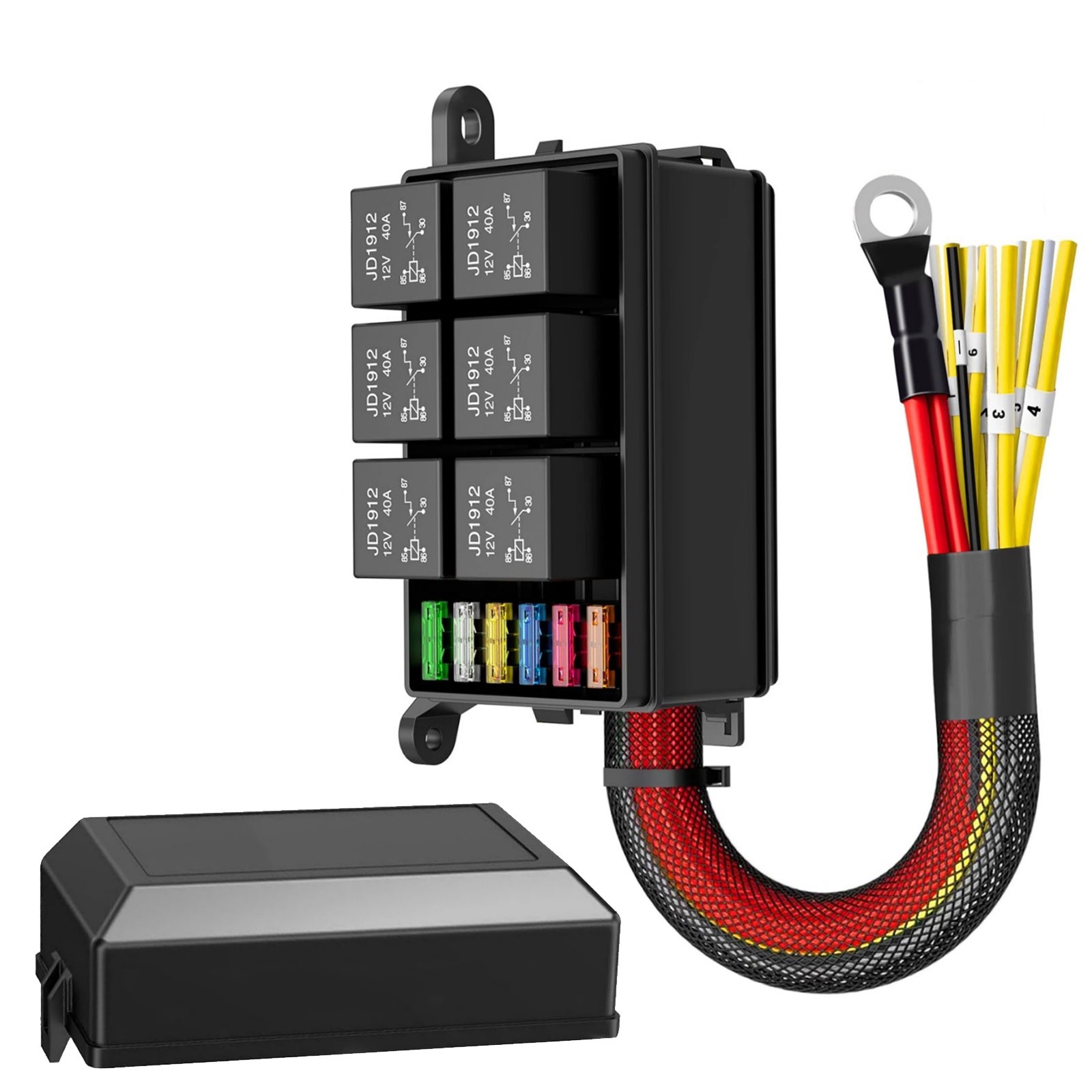 12V Pre-Wired 6 Way Relay Fuse Box with 12 AWG Cables for Vehicle Electrical