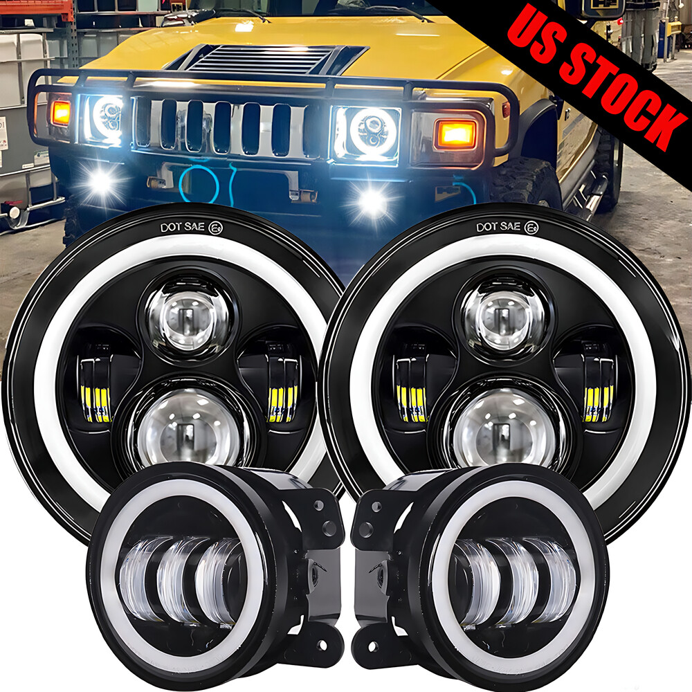 For Hummer H2 H3T 06-10 7″ INCH Halo LED Headlight DRL & 4″ Fog Lights Combo Kit