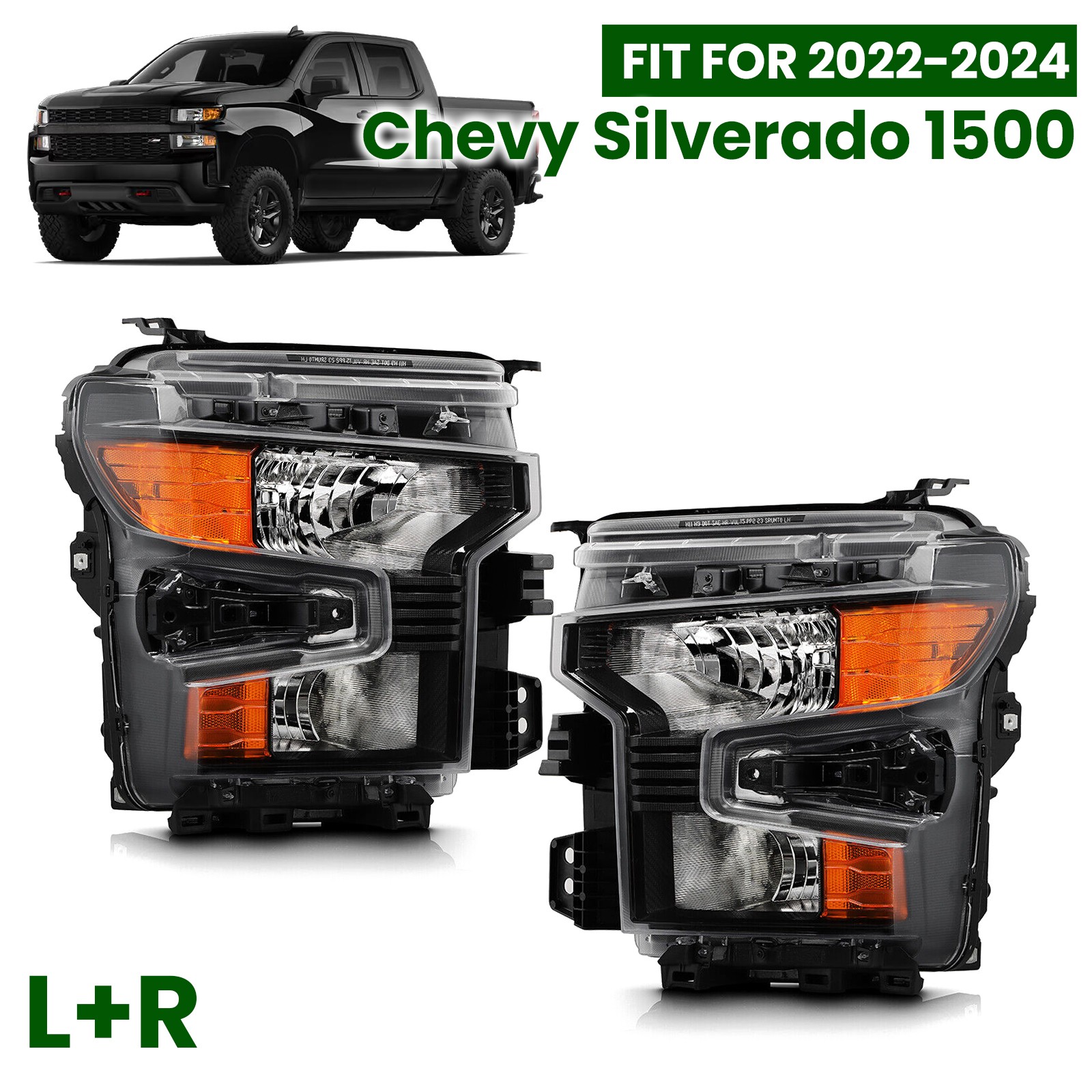 Halogen Headlight For 2022-2024 Chevy Silverado 1500 Black Trim Left+Right Pair