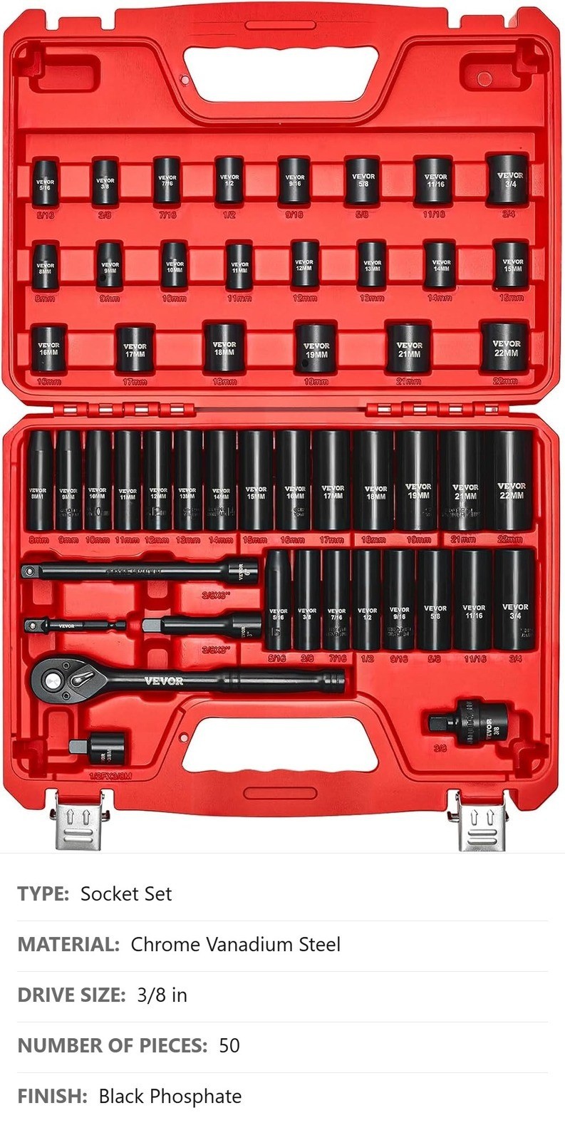 3/8″ Drive Impact Socket Set, 50 Piece, SAE Metric, Deep Shallow, 6 Point, CR-V