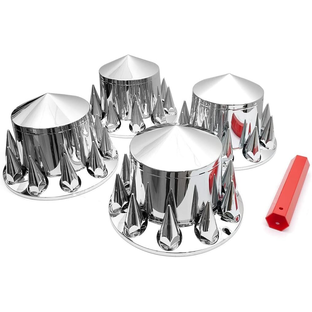 Chrome Hub Cover w/ 33mm Spiked Lug Nut Cover Semi Truck Rear 4 Wheel Axle Cover