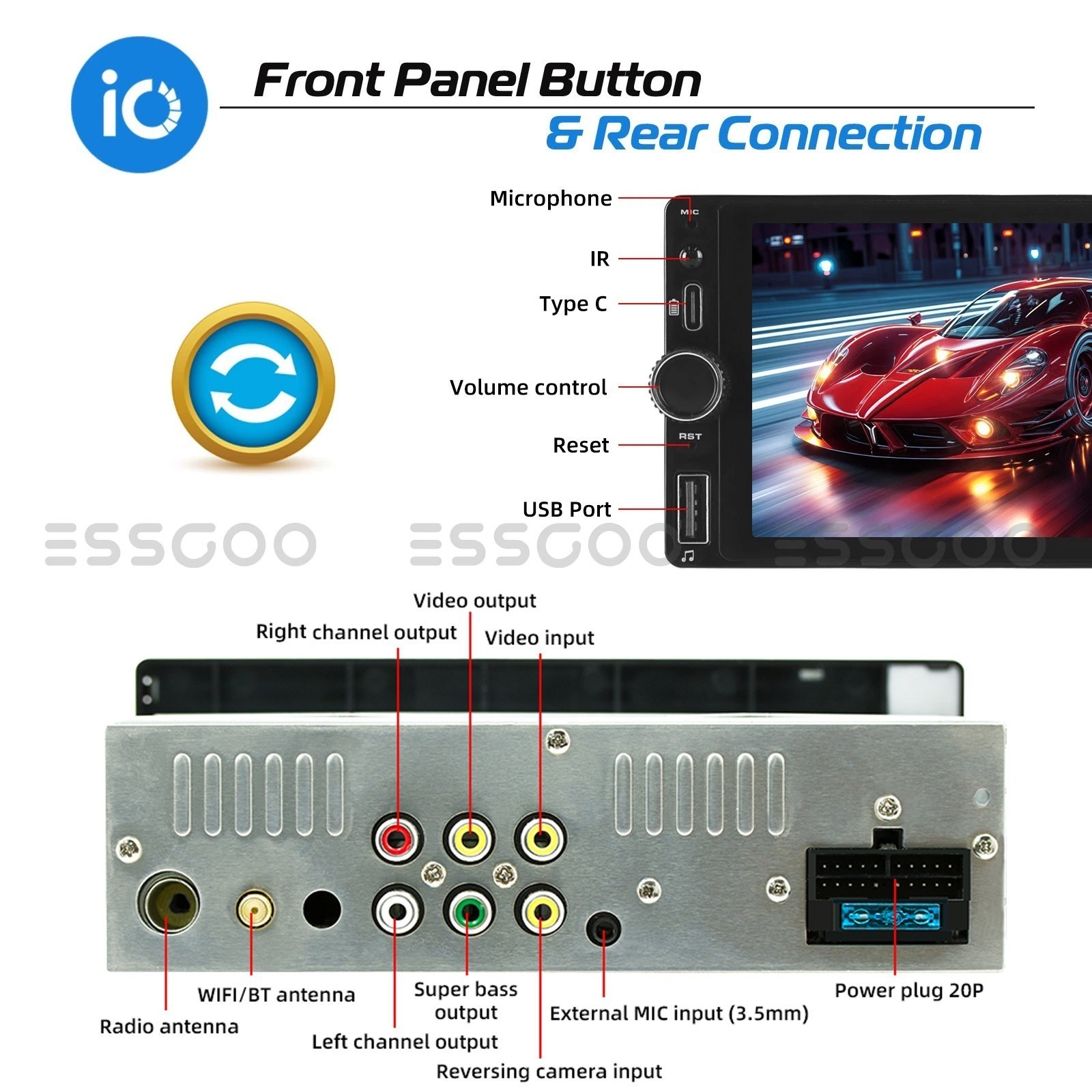 6.86″ 1 DIN Car MP5 Player Touch Screen Car Radio Stereo USB Carplay SWC+MIC&CAM