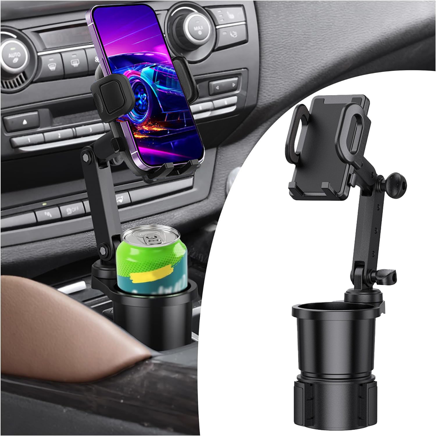 2-in-1 360° Rotate Car Cup Holder Phone Mount Cell Phone Stand Bottle Organizer