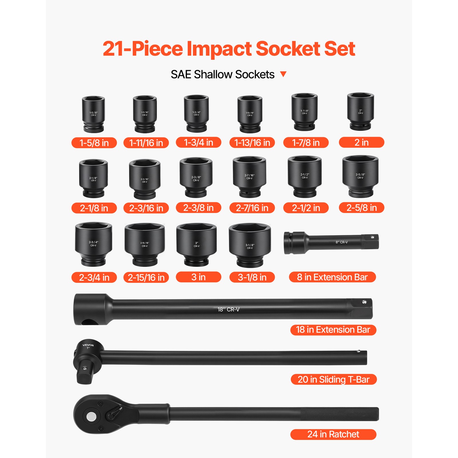 Uimoso 1 in Drive Impact Socket Set, 21-Piece SAE, Sizes 1-5/8 in to 3-1/8 in