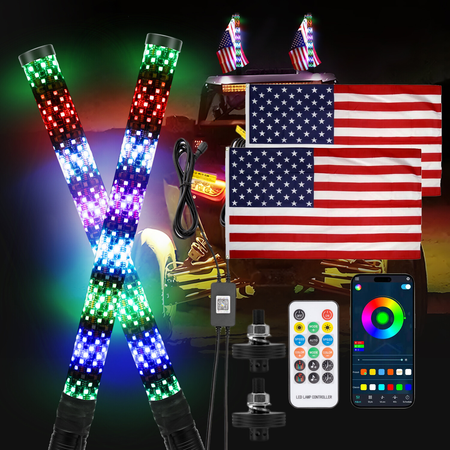 2PCS 2FT Thick Fat LED Whip Chasing RGB Light For Polaris RZR XP 1000 XP 4 1000