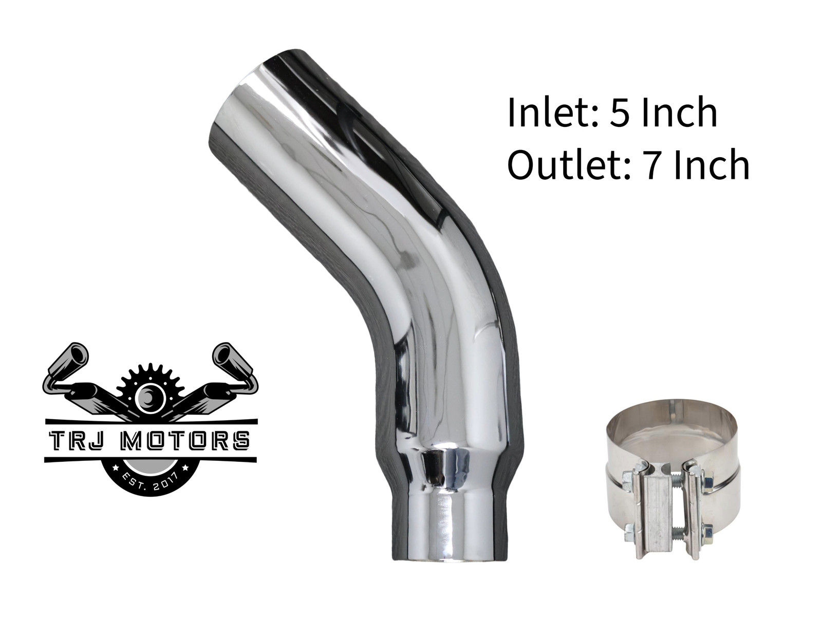 5″ In 7″ Out Diesel Exhaust Chrome Turndown Elbow Tip 23″ Long with SS Clamp
