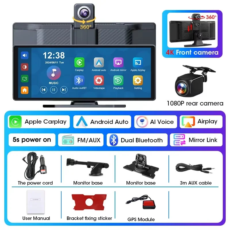 10.26″ 4K Dashcam 360° Rotating Lens Car DVR Wireless Carplay Android Auto GPS