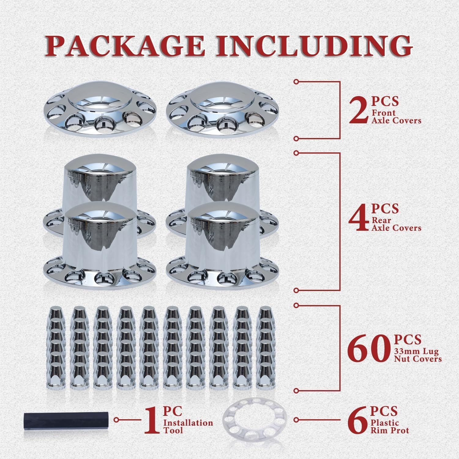 Chrome Plastic Semi Truck Wheel Axle Cover w/33mm Lug Nut Front & Rear Thread-On