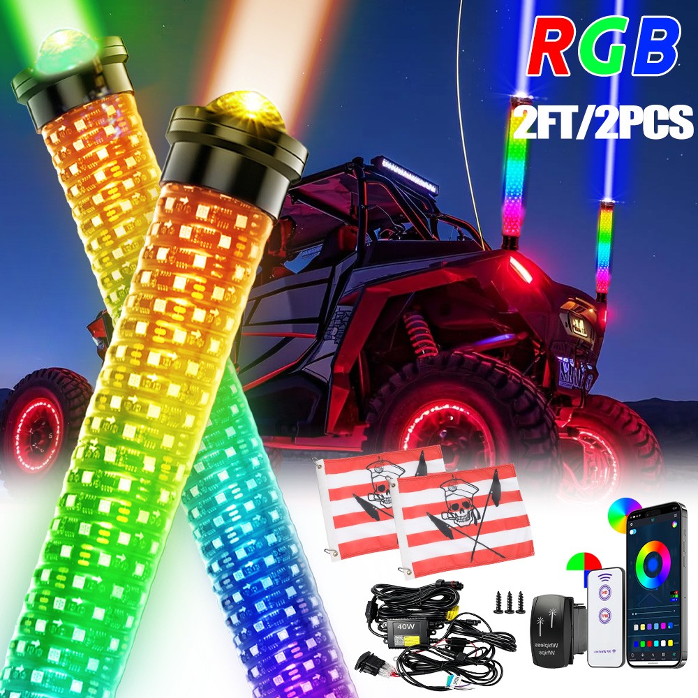 Pair 2FT Spiral LED Fat Whip Light Antenna RGB Chasing For Can-am X3 RZR UTV ATV