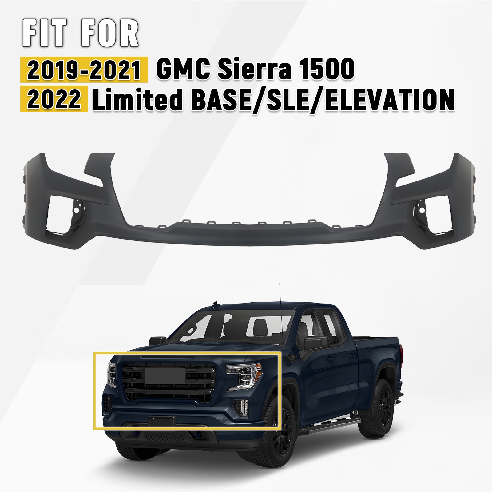 Primed Front Upper Bumper Cover For 2019-2021 GMC Sierra 1500 Base SLE Elevation