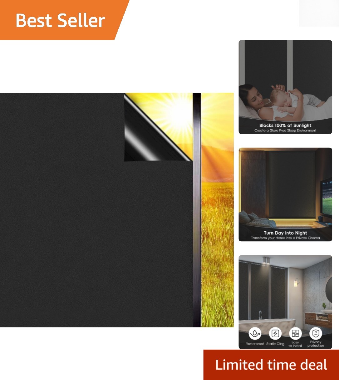 Total Blackout Privacy Film – 100% Light Blocking and UV Protection 11.8x47in