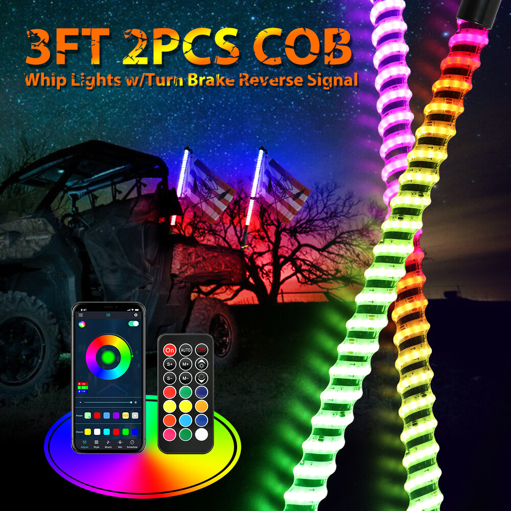 NEW Pair 3ft RGB Spiral LED Whip Lights Antenna Chase + Flag&Remote for ATV UTV