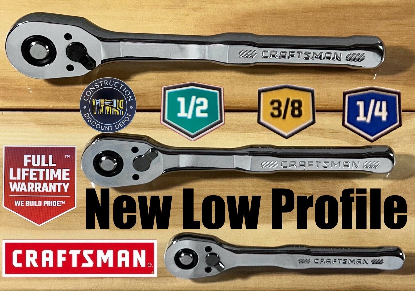 Craftsman 3 Piece LOW PROFILE Ratchet Socket Wrench Set 1/2″ 3/8″ & 1/4″ Drive