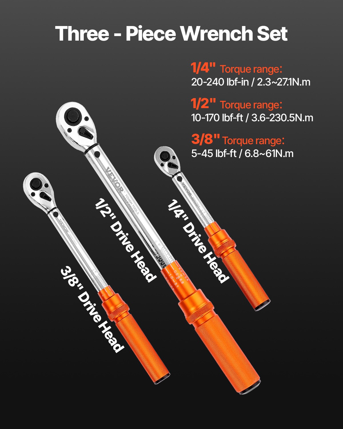 VEVOR Click Torque Wrench Set 3 Pcs 1/4 3/8 1/2 Inch Dual-direction 72-Tooth