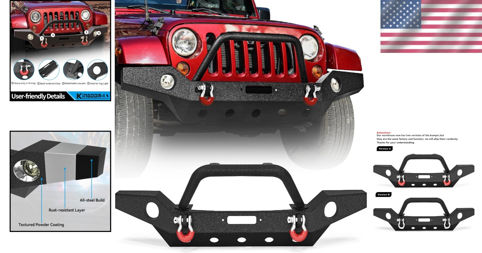 Carbon Steel Full Width Bumper for 2007-2018 Jeep JK & Unlimited Models