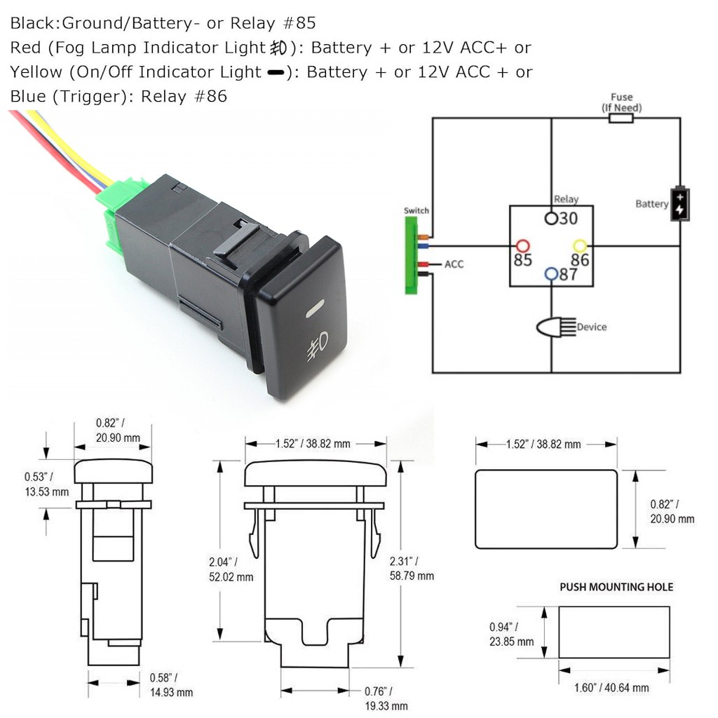 Fog Push Button Switch w/ Amber LED Background Indicator Lights OEM For Toyota