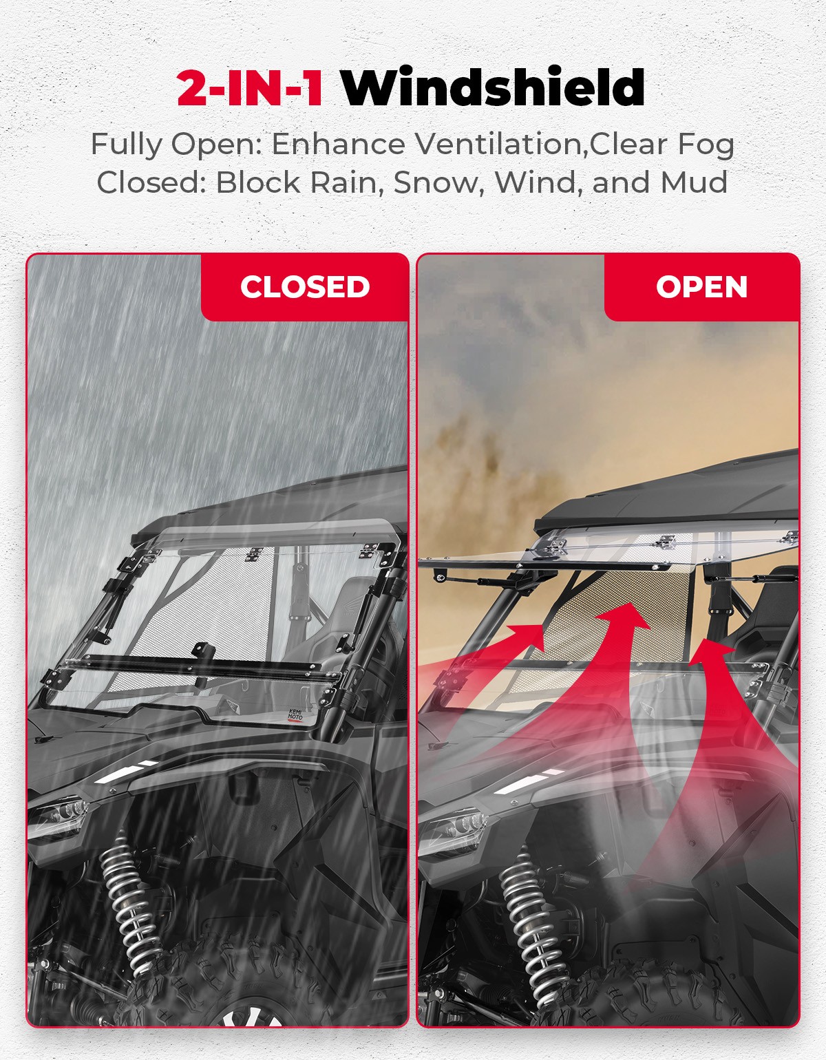 KEMIMOTO UV Treated 3-IN-1 Flip Windshield for Honda Talon 1000R/1000X 2019-2024