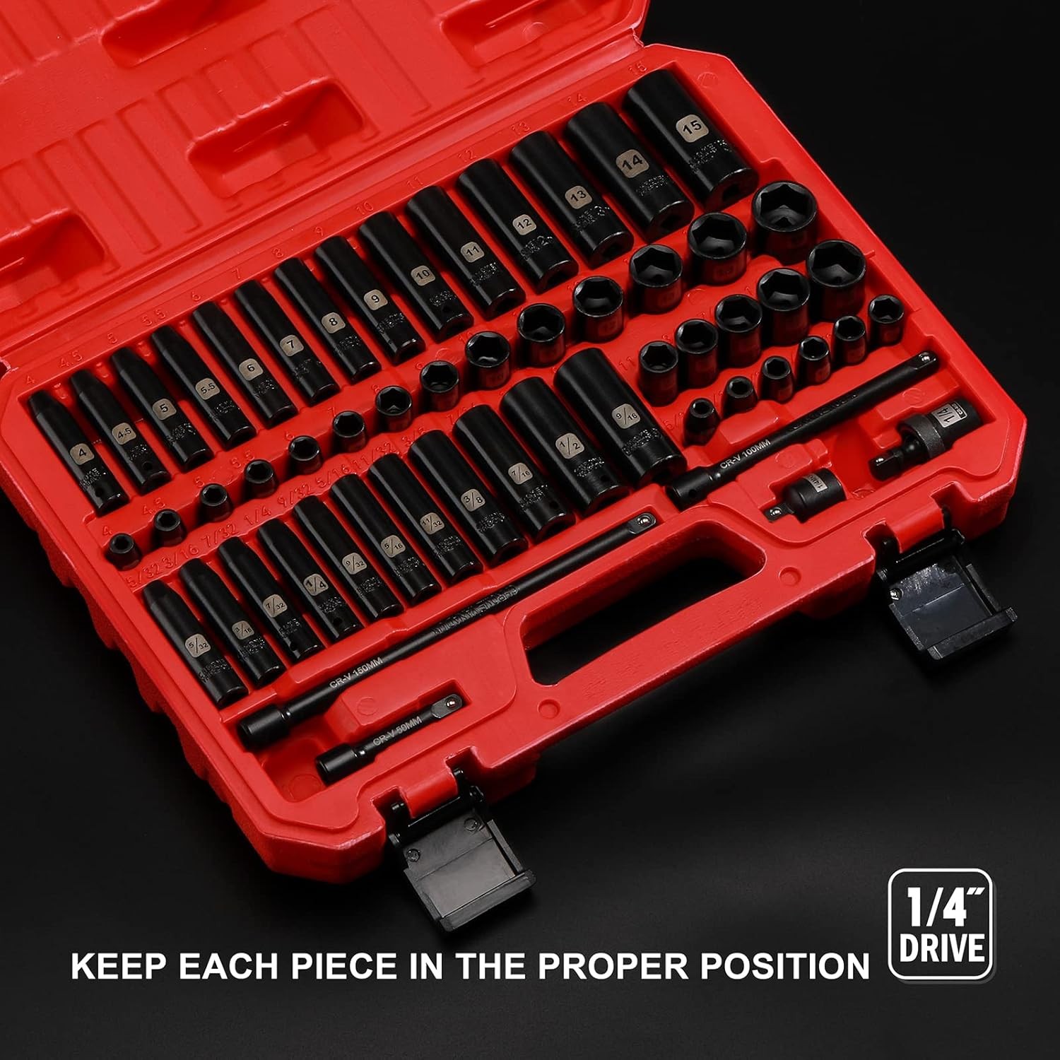55PCS 1/4″ Drive Impact Socket Set SAE & Metric Deep/Shallow CR-V Steel