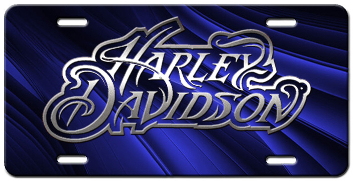 Silver and Blue Harley Logo on Abstract Art Vanity Aluminum License Plate Tag