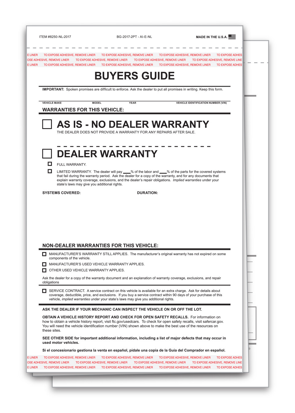 2 PART CAR DEALER BUYER GUIDE NO LINES PACK OF 100 AS IS FORMS WARRANTY ADHESIVE