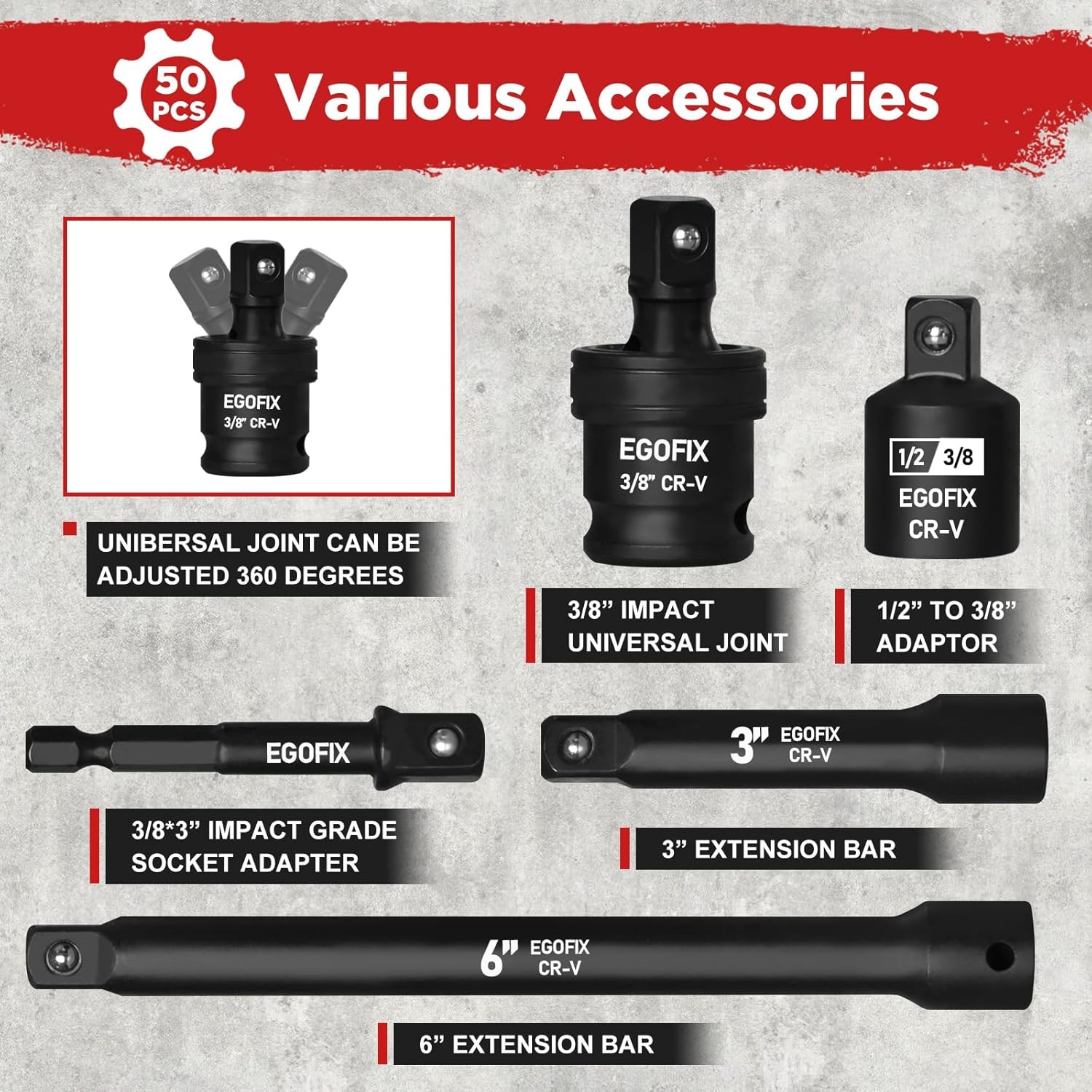 3/8″ Drive Impact Socket Set, 50 Piece Standard SAE (5/16 to 3/4 3/8″, 50pcs